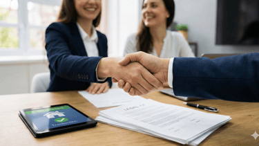 Professional handshake over real estate legal documents after a completed digital transaction.