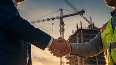 Project manager and contractor shaking hands on a construction site at sunset, representing trust