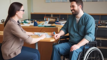 A group of children and adults are holding up various signs advocating for disability rights and inclusion in sports. The signs have messages like 'We want unified sports in the Paralympics to mainstream disability,' 'Support disability rights,' 'Don't look at the less, look at the records,' and 'Yes I can.' The participants are wearing blue shirts with orange and red lettering and are standing on an outdoor street with trees and buildings in the background.