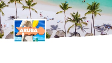 Placa de Aruba com praia típica do Caribe ao fundo.