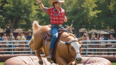 An outdoor setting features colorful inflatable play structures and a decorative balloon arch. A table draped with a pink and white skirt holds electronic equipment, possibly a photo booth setup. In the background, lush greenery and a partly cloudy sky are visible, creating a festive atmosphere.