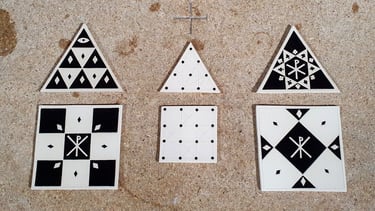 Black-and-white tiles by Teresa Clay showing sacred geometry