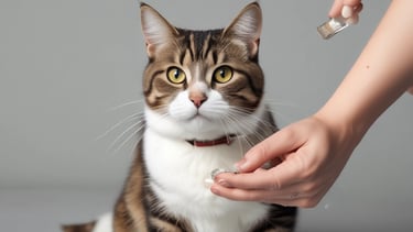 A cat with a beaded collar stands on a textured concrete surface, facing a human hand reaching out towards it.