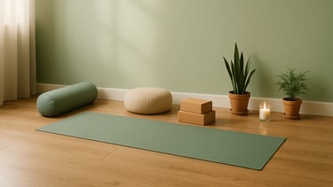 Yoga-Platz: grüne Matte, Korkblöcke und Kerze vor salbeigrüner Wand.