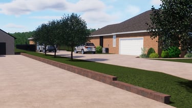 3D rendering of residential driveway.