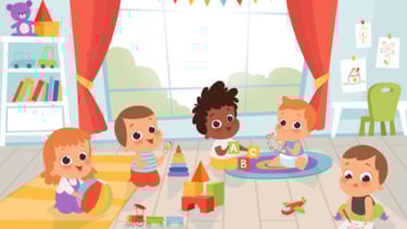 groupe d'enfants Astro'mômes jouant avec des jouets dans la crèche / micro-crèche
