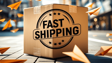 Cardboard box with FAST SHIPPING on the side waiting to be shipped.
