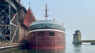 A head on view of the bow of freighter Joseph L. Block at the ore dock.