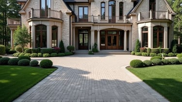 Luxury custom home with classic stone façade, landscaped gardens, and elegant architecture.