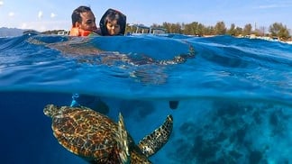 a man swimming in the ocean with a turtle in gili trawangan