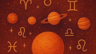 Planètes et signes astrologiques fond rouge