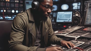 A person with long hair tied back operates music production equipment, including an AKAI MPC and a laptop, in a studio setting. Additional equipment like a turntable and speakers are visible, with various items such as a jar and pens placed on a desk.