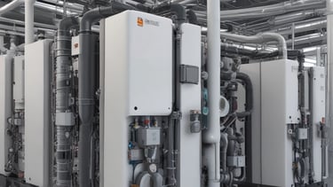 Engineers collaborating over detailed energy system blueprints