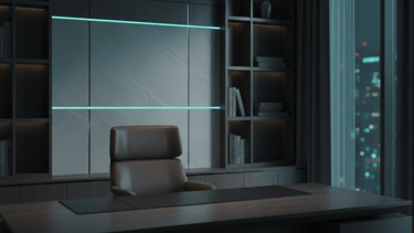 Modern executive home office with sleek dark wood desk, neon lit wall panel, and built-in bookshelves.
