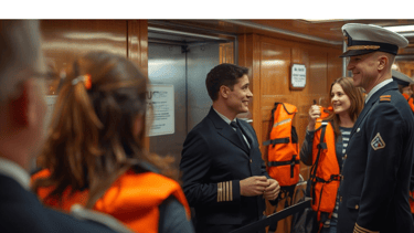 Oficiais do navio aguardando o início do drill de segurança