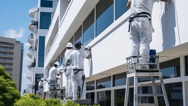 Fachada de oficinas siendo pintada de blanco, por cinco pintores subidos a escaleras de pintor.