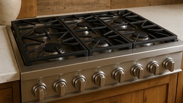Six-burner gas cooktop in a rustic farmhouse kitchen with wood cabinetry and stone countert