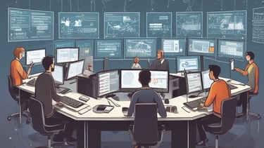 A small, round robot with a smooth white surface and blue accents operates a blue laptop on a sleek, floating platform. The robot has glowing eyes and an antenna on its head, with an 'AI' emblem on its front.