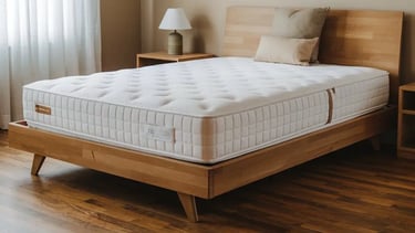 Un matelas en mousse sur un lit en bois dans une chambre
