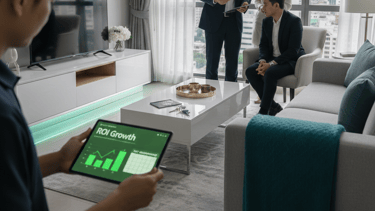 Real estate agent showing ROI growth data on a tablet to clients in a modern city apartment.