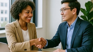 Professional handshake between businesswoman and businessman during a job interview or successful business meeting in a moder