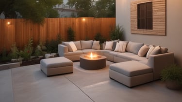 A warm, inviting backyard patio with comfortable seating and soft lighting.