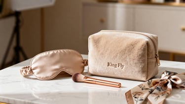 "The Cashmere Edit" GWP collection, featuring a taupe cosmetic pouch and luxury accessories.