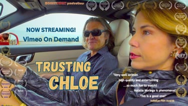 Image of advertisment for the movie Trusting Chloe now streaming on Vimeo on Demand