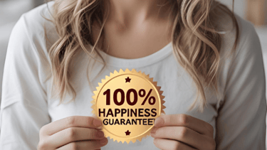 100% Happiness Guarantee Sticker being held by a woman.