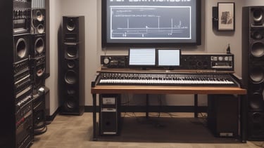A modern music studio with vibrant red and blue lighting, featuring a large mixing console with a digital display showing the logo 'MMP'. Studio monitors and electronic equipment are visible around the console.