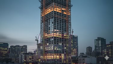 High-rise tower under active construction with cranes, illustrating strong project performance