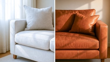 Close-up of linen bench sofa in sunlight vs. leather love seat with warm, moody light highlighting visual weight and texture.