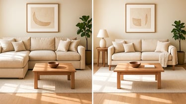 Side-by-side rooms showing oversized sectional vs. properly scaled custom couch with appropriate space around walkways.