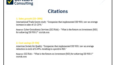 Preview of citations document listing ISO 9001 cost-benefit sources