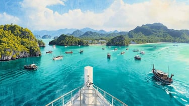 Navio de cruzeiro navegando em águas calmas do Mar de Andaman próximo a Phuket.