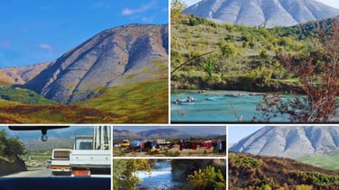 Montagem com seis imagens que ilustram o trajeto entre Sarandë e o Blue Eye: estradas cênicas.