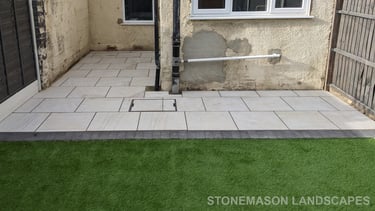 Small Budget Garden Makeover Porcelain Slabs, Artificial Grass & Grey Painted Fence