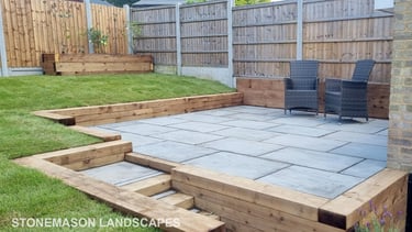 Sleeper Retaining Walls, Planters & Steps With Grey Sandstone Patio & Lawn
