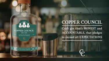 Advert with gin bottle on left, with text on right. Background shows copper barware.