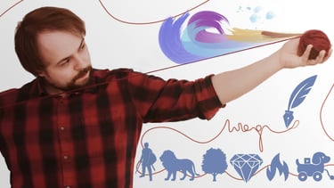 Alexander Androsov holding yarn with metaphor icons – Thumbnail for Writing Masterclass on Udemy.