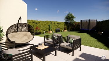 Jardin avec terrasse moderne et du mobilier noir