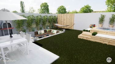 Jardin avec terrasse, espace brasero enterré et spa avec structure sur mesure
