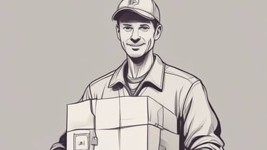 A smiling courier handing over a package to a happy recipient at their doorstep.