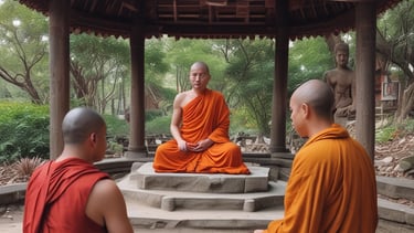 a group of monks sitting on a stone bench