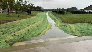 Grassy drainage with water runoff.