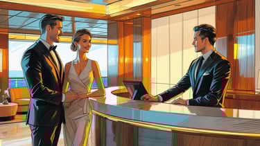 Casal na recepção de um navio entendendo como funciona o Onboard Credit (OBC) e seus benefícios a bordo.