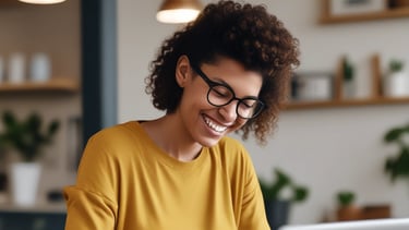 A small business owner happily reviewing a website design on a laptop