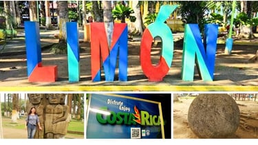 Autora explorando a praça histórica no centro de Limón, Costa Rica, com estátuas e áreas verdes