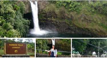 Autora visitando a Rainbow Falls em Hilo, admirando a cachoeira e a vegetação tropical ao redor