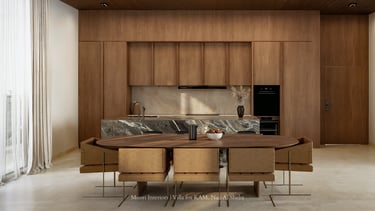 Contemporary open-plan space featuring a kitchen with integrated appliances and a dining area.
